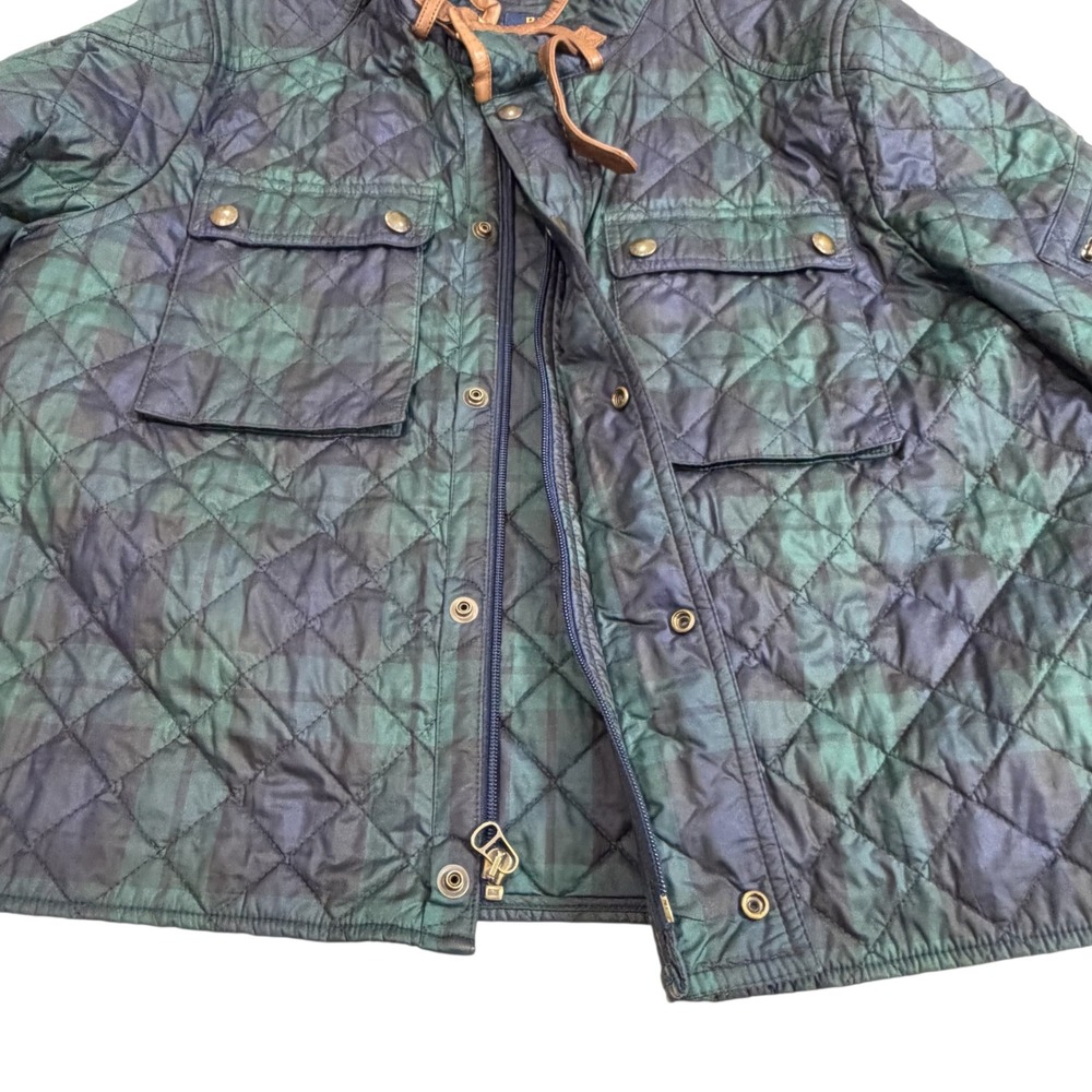 Polo Ralph Lauren Quilted‎ Jacket Womens L Navy Green Plaid Leather Trim - Picture 6 of 11